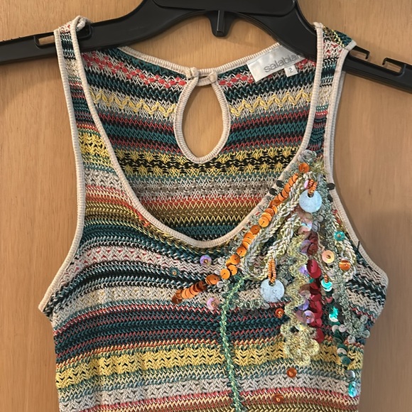 Salabianca Women’s Sleeveless Striped Sequin Artsy Dress Green Yellow Size 2 - Picture 10 of 13
